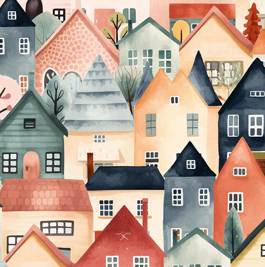 The image is a colorful and whimsical illustration of a small town, featuring a variety of houses and buildings in different colors and shapes.