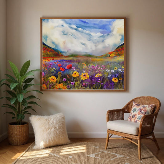 a large, colorful painting of a field with flowers hanging on a wall above a wicker chair and a potted plant in a corner of a room.