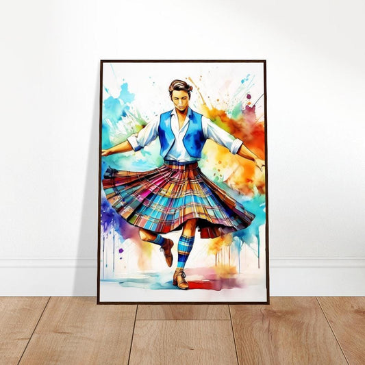 Art encadré, aquarelle représentant une jupe tartan, tableau encadré représentant une danseuse écossaise, art mural écossais