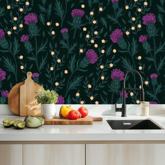 Kitchen & Bathroom Wallpaper "Thistles" - waterproof - 60"x50" / 152,4 cm x 127 cm