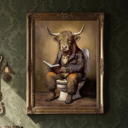 A painting of a bull-like creature sitting on a toilet and reading a book.