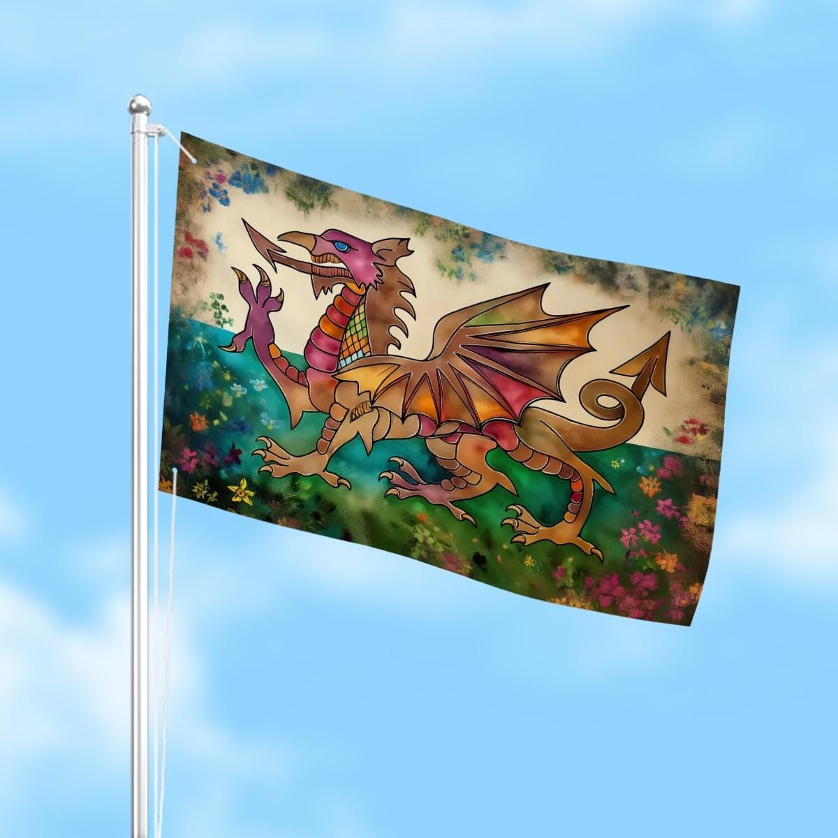 Heavy-duty, Hand Drawn Welsh Flag Design, Three-Layer Outdoor Flag of Wales. Double Sided. 36"x24" / 92x61 cm | Dragon Y Ddraig Goch