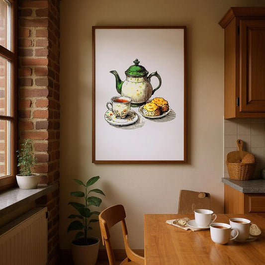 Service à thé du patrimoine britannique, art britannique, style campagnard, décoration cottagecore, peinture de théière traditionnelle, décoration murale de cuisine