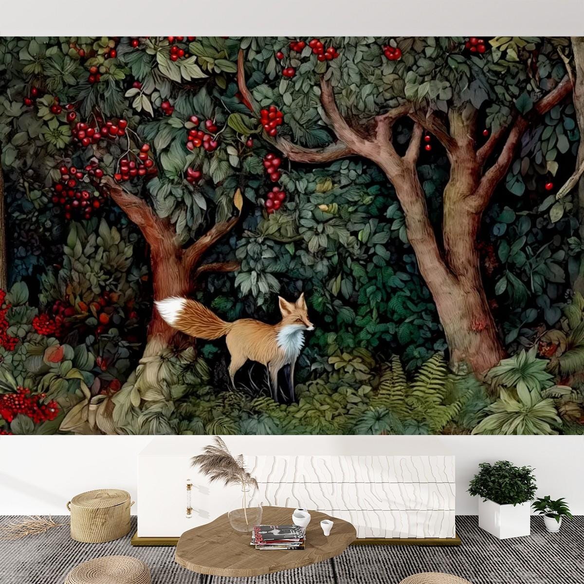 Hand Drawn Self Adhesive Canvas Wallpaper Mural, Forest design, William Morris inspired wallpaper mural Set 2 of 2 - Fox Wallpaper