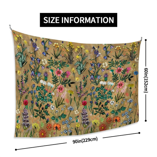 XL Wall Tapestry, Hand Drawn Wildflowers - Floral Wall Decor for England, Scotland, Wales & Ireland | 90"x60" / 228x152 cm