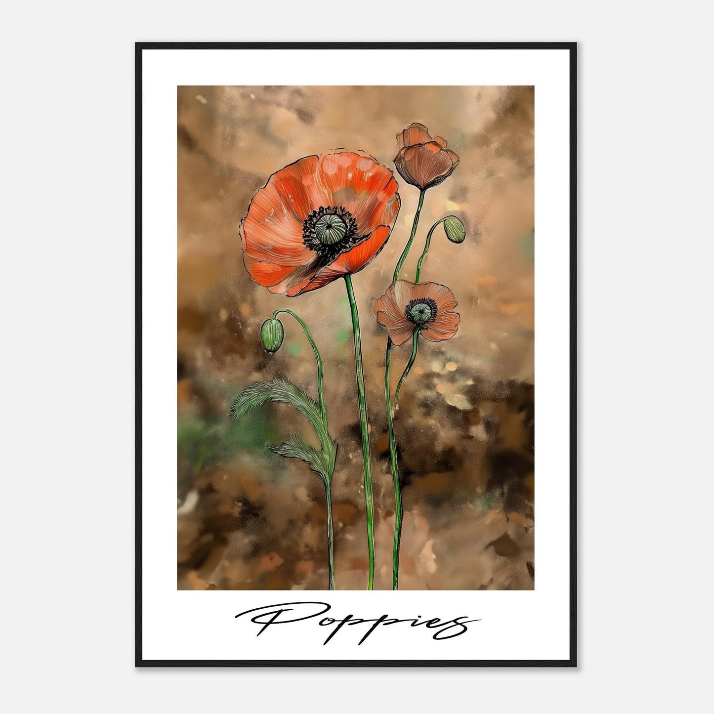 Handdrawn Poppies Framed Floral Poster - Elegant Botanical Art for Home Decor