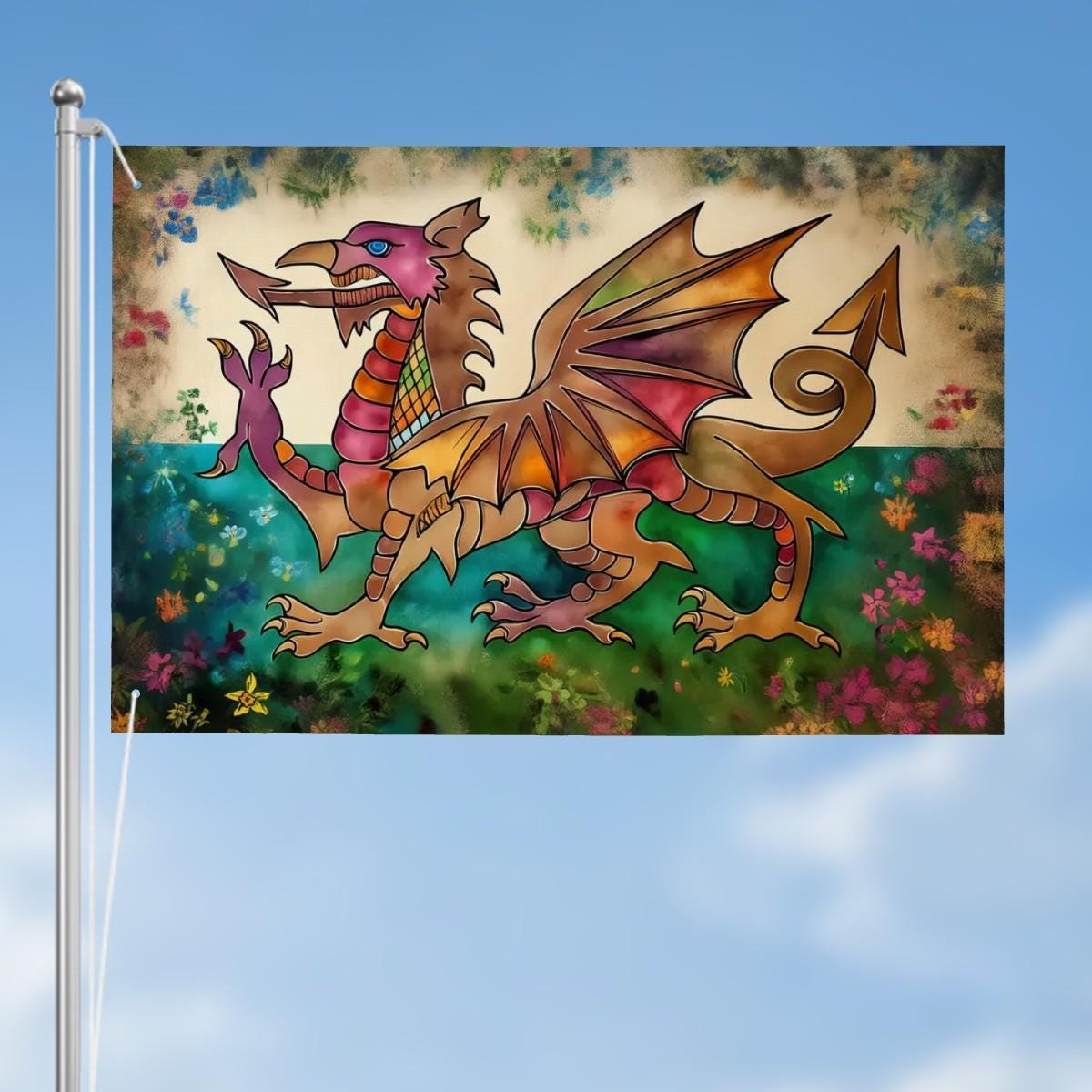 Heavy-duty, Hand Drawn Welsh Flag Design, Three-Layer Outdoor Flag of Wales. Double Sided. 36"x24" / 92x61 cm | Dragon Y Ddraig Goch