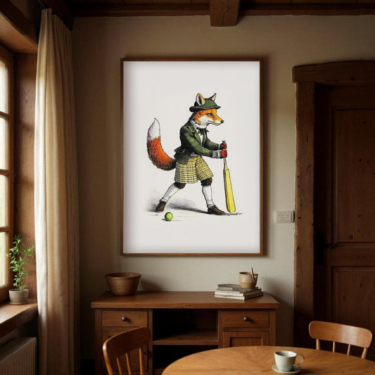a framed illustration of a fox wearing a hat and holding a cricket bat, standing on a cricket pitch with a ball in front of him.