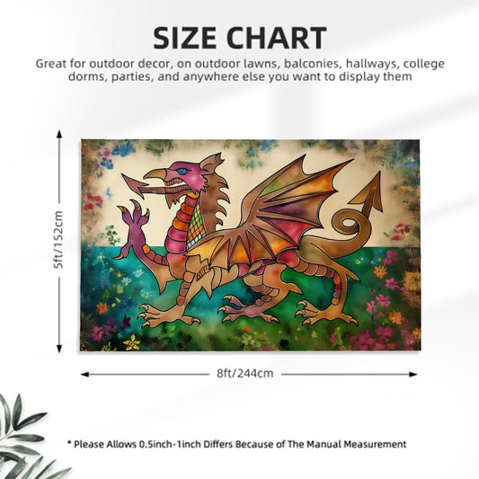 XL Heavy-duty, Handdrawn Welsh Flag Design, Three-Layer Outdoor Flag of Wales. Double Sided. 96"x60"/ 244x152 cm | Dragon Y Ddraig Goch