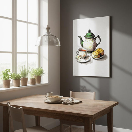 a cozy dining area with a wooden table, two chairs, and a painting of a teapot and pastries on the wall.