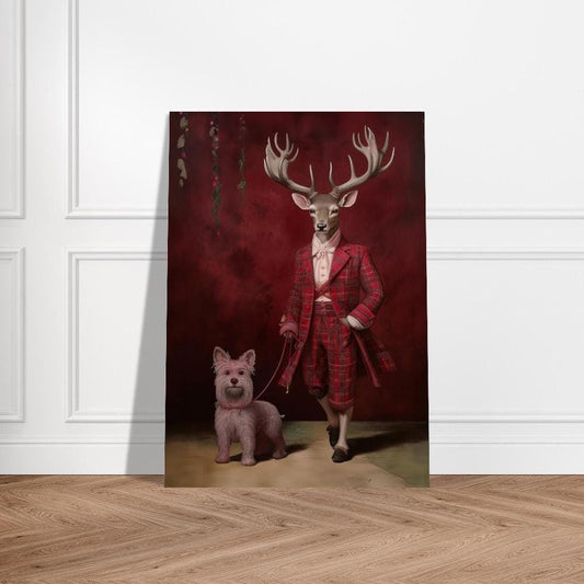 Victorian Stag in a Tartan Suit & Terrier Dog Art Print - Giclée Fine Art Poster | Stag's head on a human body