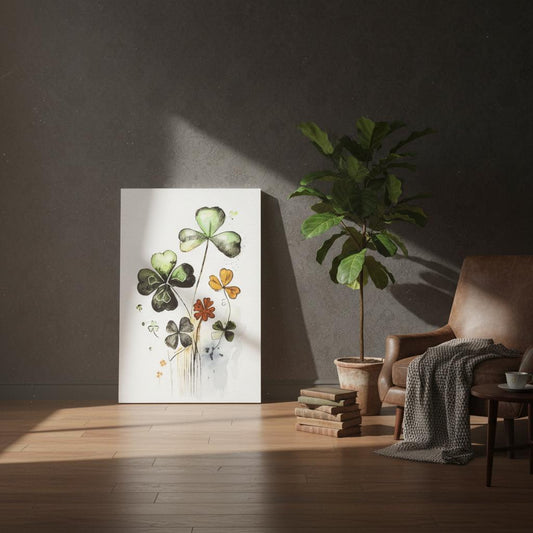 a living room with a large painting of green clover flowers on the wall, a potted plant, a stack of books, and a brown leather armchair.