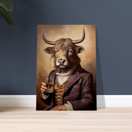 Victorian Hairy Cow Art Print - Highlander Cow Drinking Whiskey - Fine Art Poster