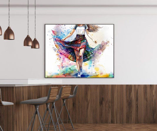 Impression d'art écossaise – Illustration aquarelle d'une danseuse country en jupe tartan sur papier mat