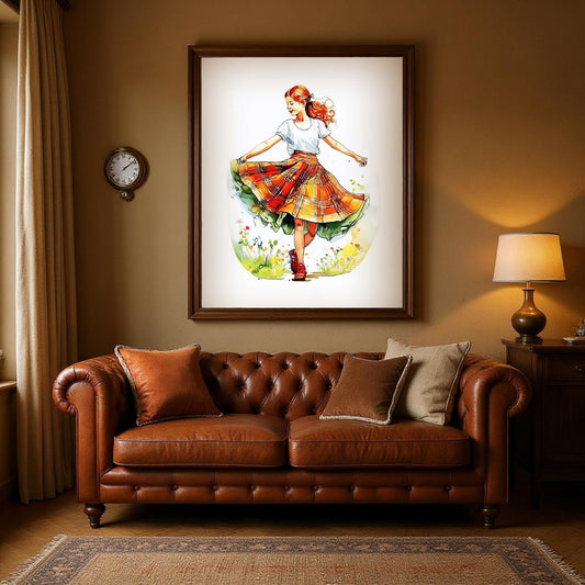 a large framed painting of a woman in a colorful dress, hanging on a wall above a brown leather sofa with decorative pillows.