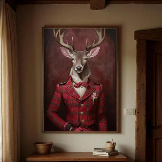 a large framed painting of a deer wearing a red plaid jacket and a bow tie, standing in a room with wooden furniture and a window.