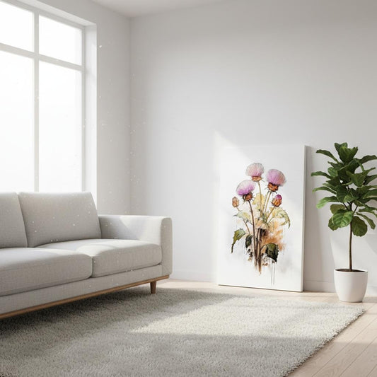 a modern living room with a white sofa, a large window, and a painting of flowers on the wall.