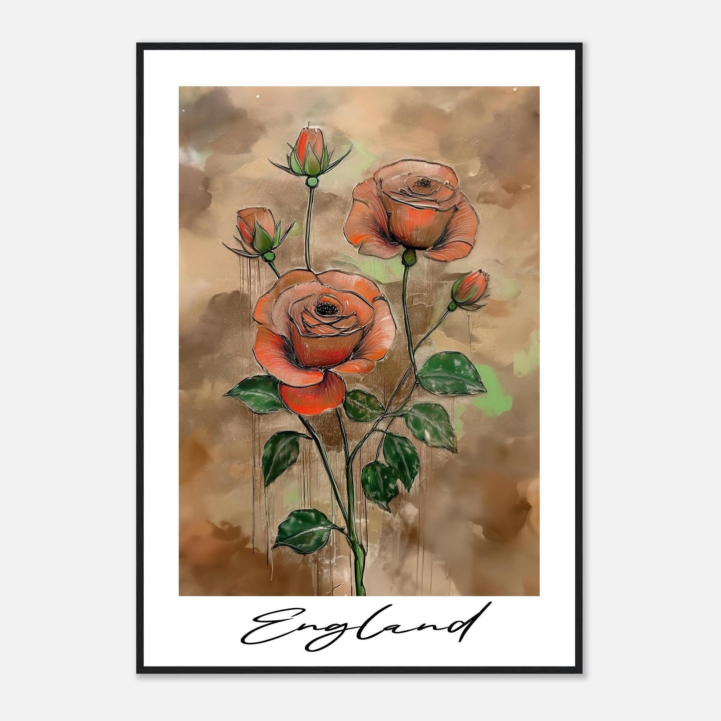 England Roses Poster - Elegant Floral Wall Art With Wooden Picture Frame
