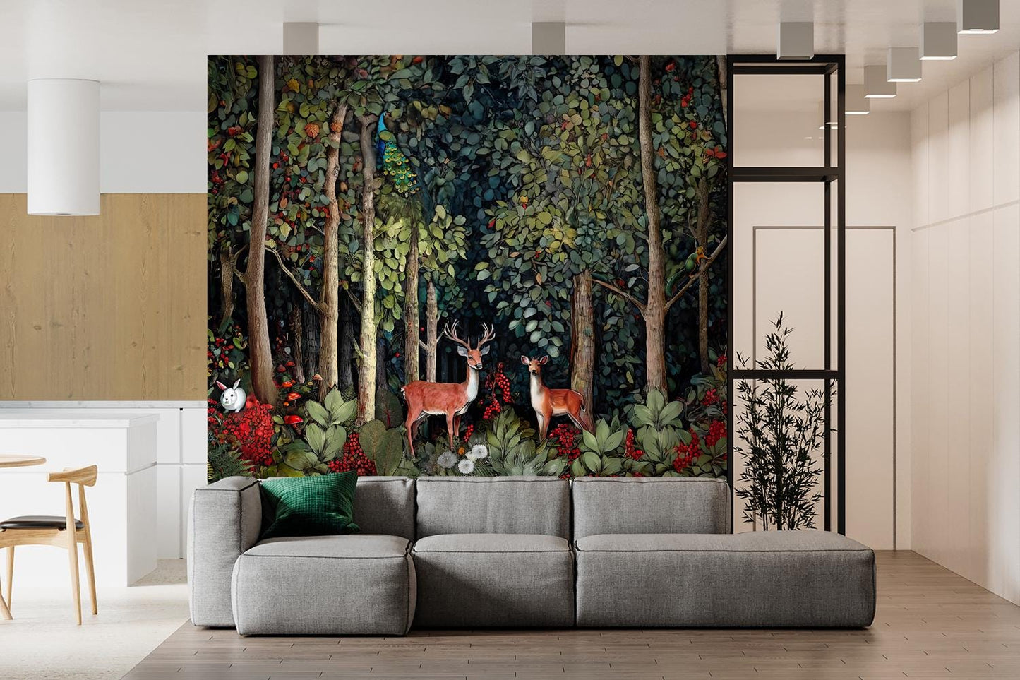 Hand Drawn Self Adhesive Canvas Wallpaper Mural, Forest design, William Morris inspired wallpaper mural - Set 1 of 2 - Deer Wallpaper