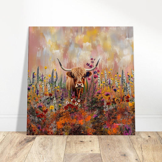 Scottish Highland Cow Canvas Print: Pink Floral Meadow Art