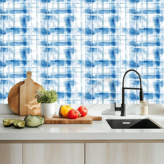 Kitchen & Bathroom Wallpaper Scottish Blue Watercolor Style plaid wallpaper - waterproof - 60"x50" / 152,4 cm x 127 cm