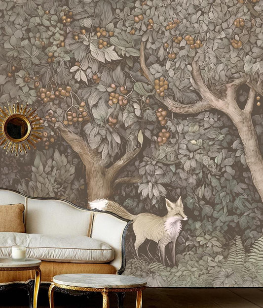 Hand Drawn Self Adhesive Canvas Wallpaper Mural, Forest design, William Morris inspired wallpaper mural Set 2 of 2 - Vintage Fox Wallpaper