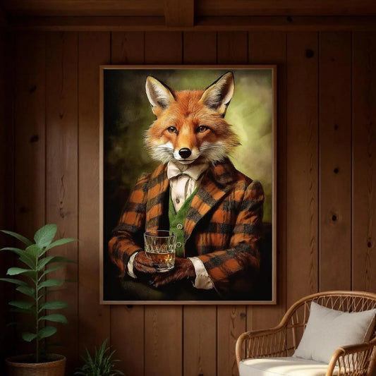 a fox wearing a plaid suit and holding a glass of wine, with a wooden wall and a wicker chair in the background.