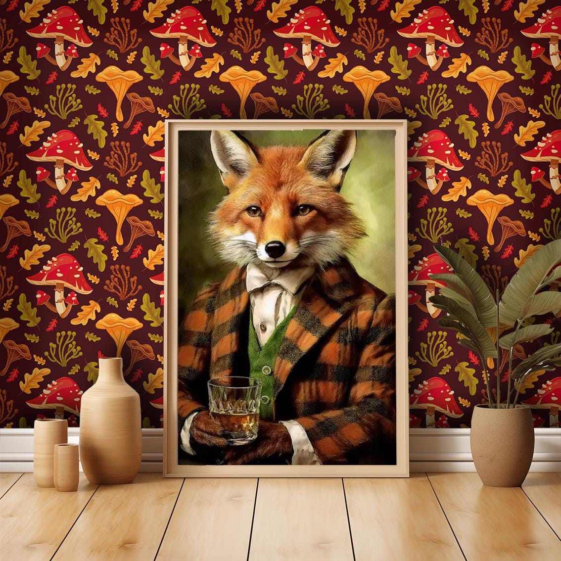 a framed picture of a fox wearing a suit and tie, holding a glass of wine, with a mushroom patterned wallpaper in the background.