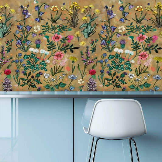 Kitchen & Bathroom Wallpaper Hand drawn Wildflowers - Floral back splash - waterproof - 60"x50" / 152,4 cm x 127 cm