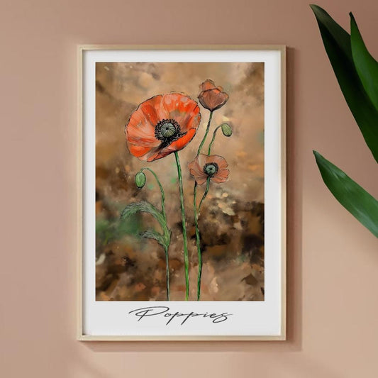 Handdrawn Poppies Framed Floral Poster - Elegant Botanical Art for Home Decor