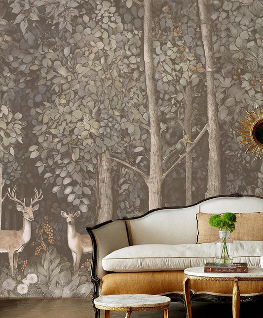 Hand Drawn Self Adhesive Canvas Wallpaper Mural, Forest design, William Morris inspired wallpaper mural Set 1 of 2 - Vintage Deer Wallpaper