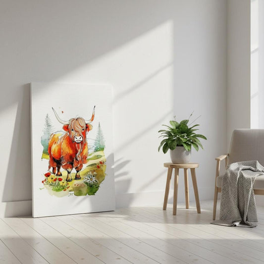 a large canvas print of a colorful illustration of a bull with horns, set against a natural landscape with trees and flowers. The painting is displayed on a white wall, and there is a small potted plant and a chair in the foreground.