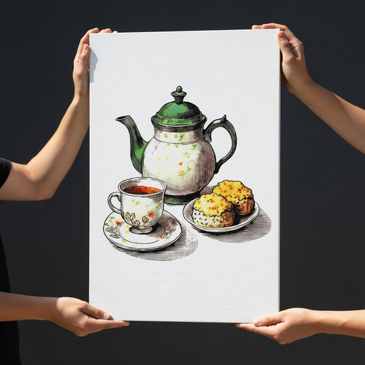 Two hands holding a white canvas with an illustration of a teapot, a cup of tea, and a plate of scones.