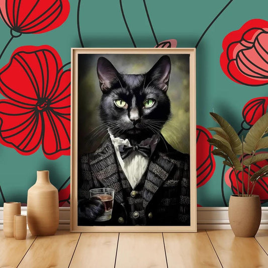 A framed photograph of a black cat wearing a suit and tie, with a glass of wine in its paw, set against a vibrant floral background.