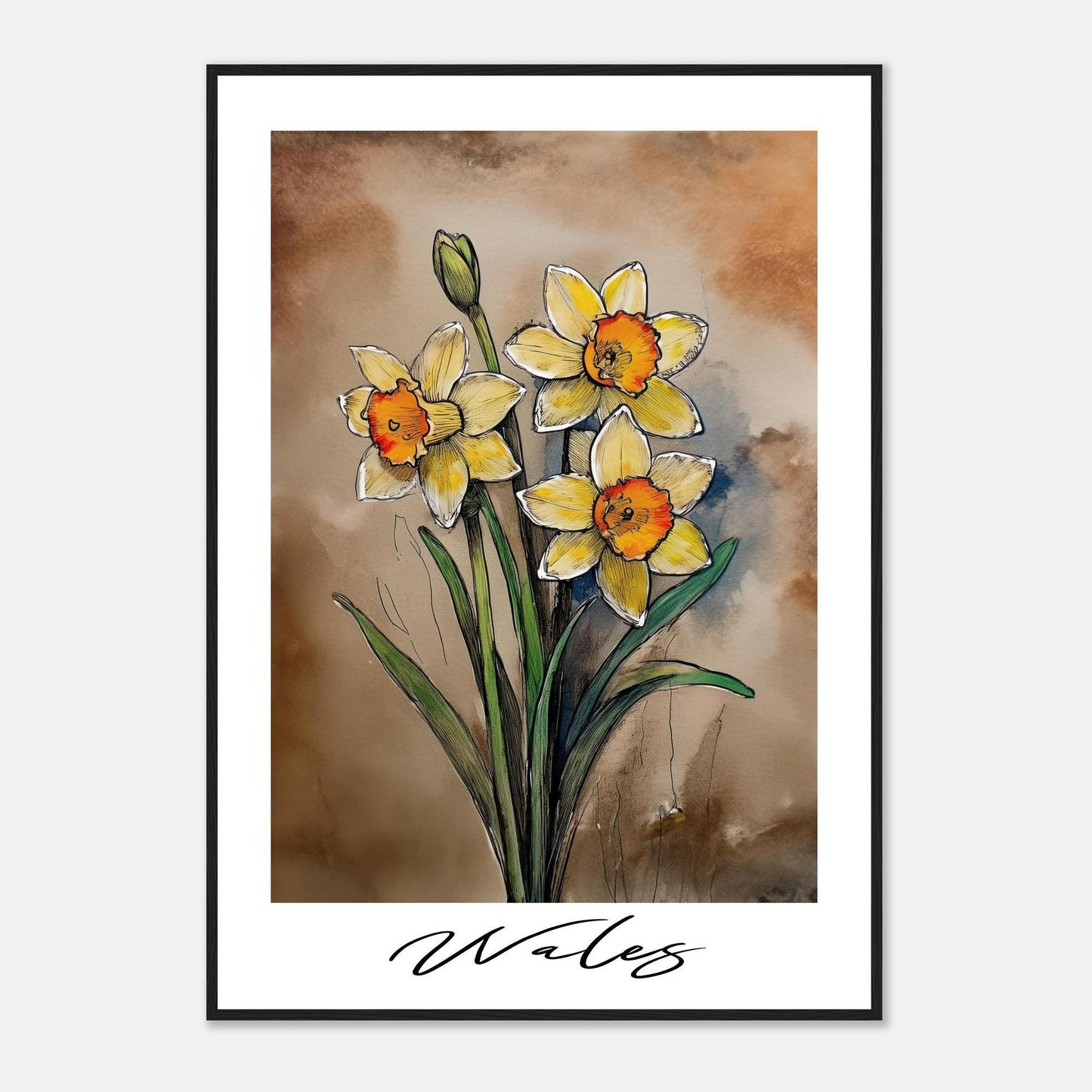 Wales Daffodils Art – Hand-Drawn Floral Wall Art | Framed Pine Wood Print