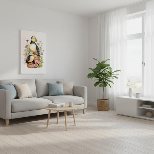 a cozy living room with a gray sofa, a coffee table, and a potted plant. A painting of a colorful bird is hanging on the wall, and a large window allows natural light to fill the space.