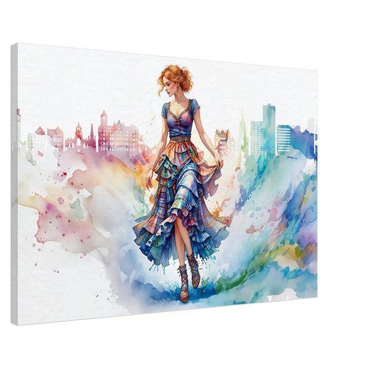 Scottish Woman Canvas Art: Edinburgh Skyline Watercolor Print
