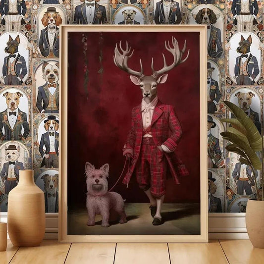 a framed painting of a deer wearing a red suit and holding a small dog on a leash, set against a background of a repeating pattern of dog portraits.