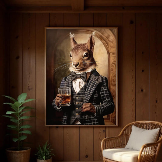 a large painting of a squirrel dressed in a suit and tie, holding a glass of what appears to be a drink, set against a wooden background. The painting is hanging on a wall, and there is a wicker chair and a potted plant in the foreground.