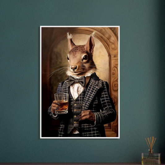 Victorian Whiskey Portrait – Framed Squirrel Art Print with Wooden Frame