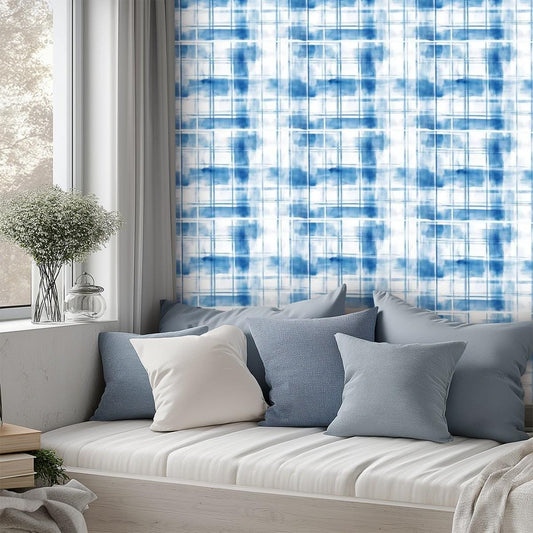 Self Adhesive Canvas Wallpaper Mural Scottish Blue - Tartan Plaid Wallpaper