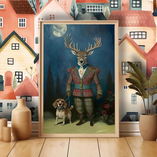 a painting of a deer wearing a suit and holding a dog on a leash, set against a backdrop of colorful houses and trees.
