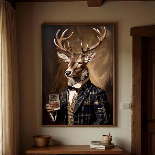 a deer wearing a suit and tie, holding a glass of wine, and standing in a room with a wooden table and chairs.