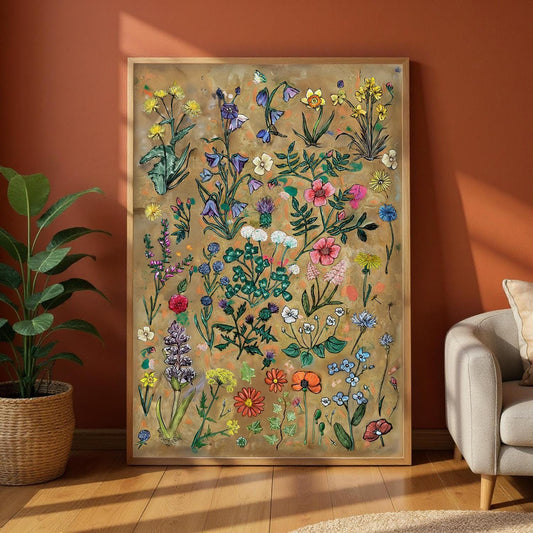 Framed British Art, Wildflowers Poster, Botanical Print, UK Heritage Nature Painting, Handdrawn Floral Illustration