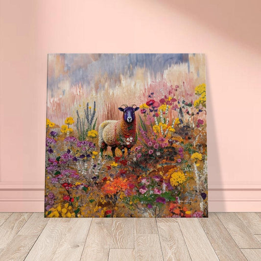 Scottish Blackface Sheep Canvas Print: Pink Floral Highland Art