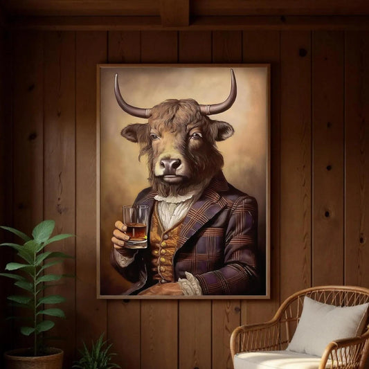 a large painting of a bull wearing a suit and tie, holding a glass of wine, and standing in a room with wooden walls and a wicker chair.