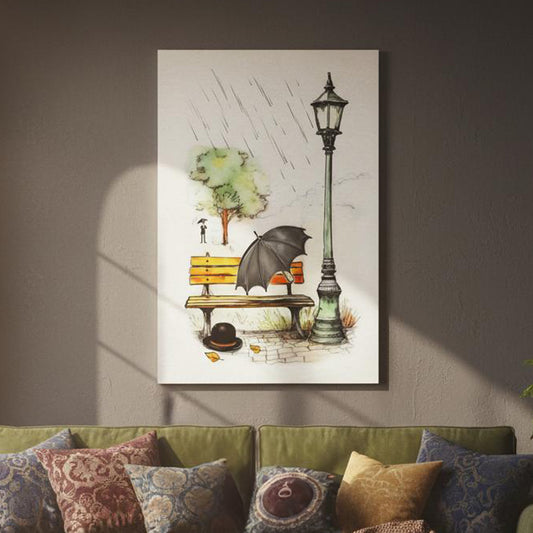 a rainy day scene with a bench, a black umbrella, and a street lamp, all set against a backdrop of trees and a street lamp.