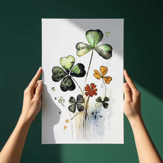 A person's hands are holding up a white piece of paper with a vibrant watercolor painting of various clover flowers in different colors and shapes.
