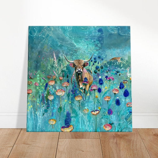 Highland Cow Canvas Print: Turquoise Hairy Cow Art Print