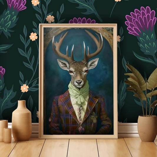 a framed painting of a deer wearing a suit and tie, set against a dark green floral background.